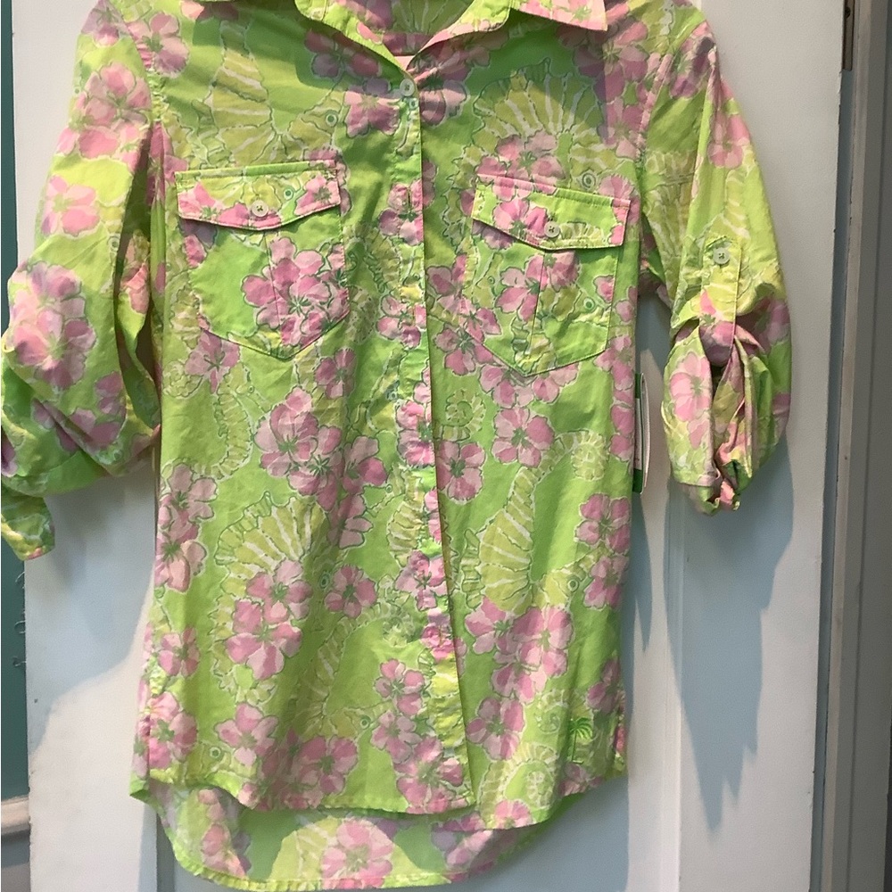 Lilly Pulitzer Eliot Limeade and Pink Floral Button-Up Shirt